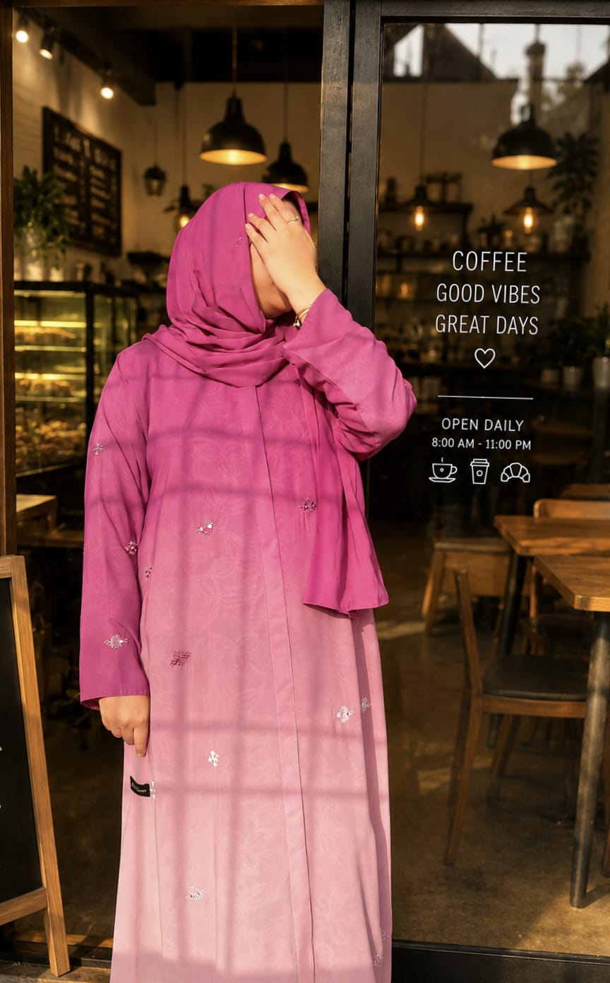 Ombre Front Open Korean Georgette Abaya with Mirror Work Embroidery