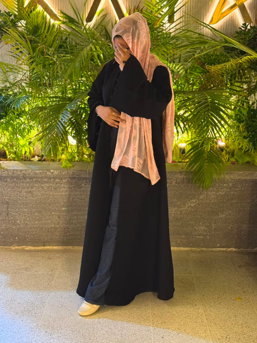 Black Self-Pleated Kimono Abaya in Premium Dubai Fabric with Elegant Loop Detailing