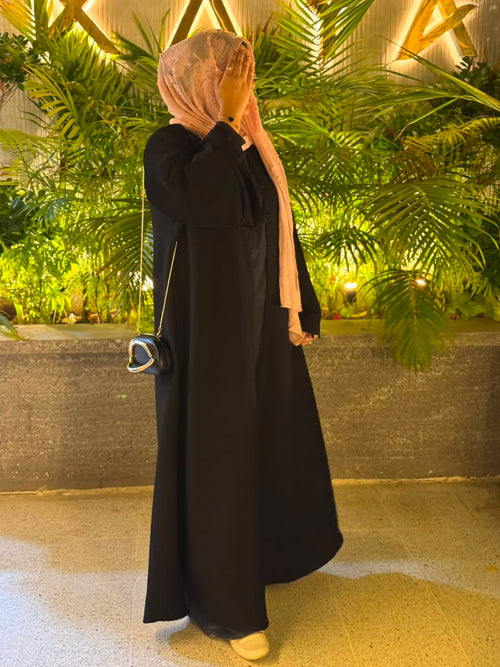 Black Self-Pleated Kimono Abaya in Premium Dubai Fabric with Elegant Loop Detailing
