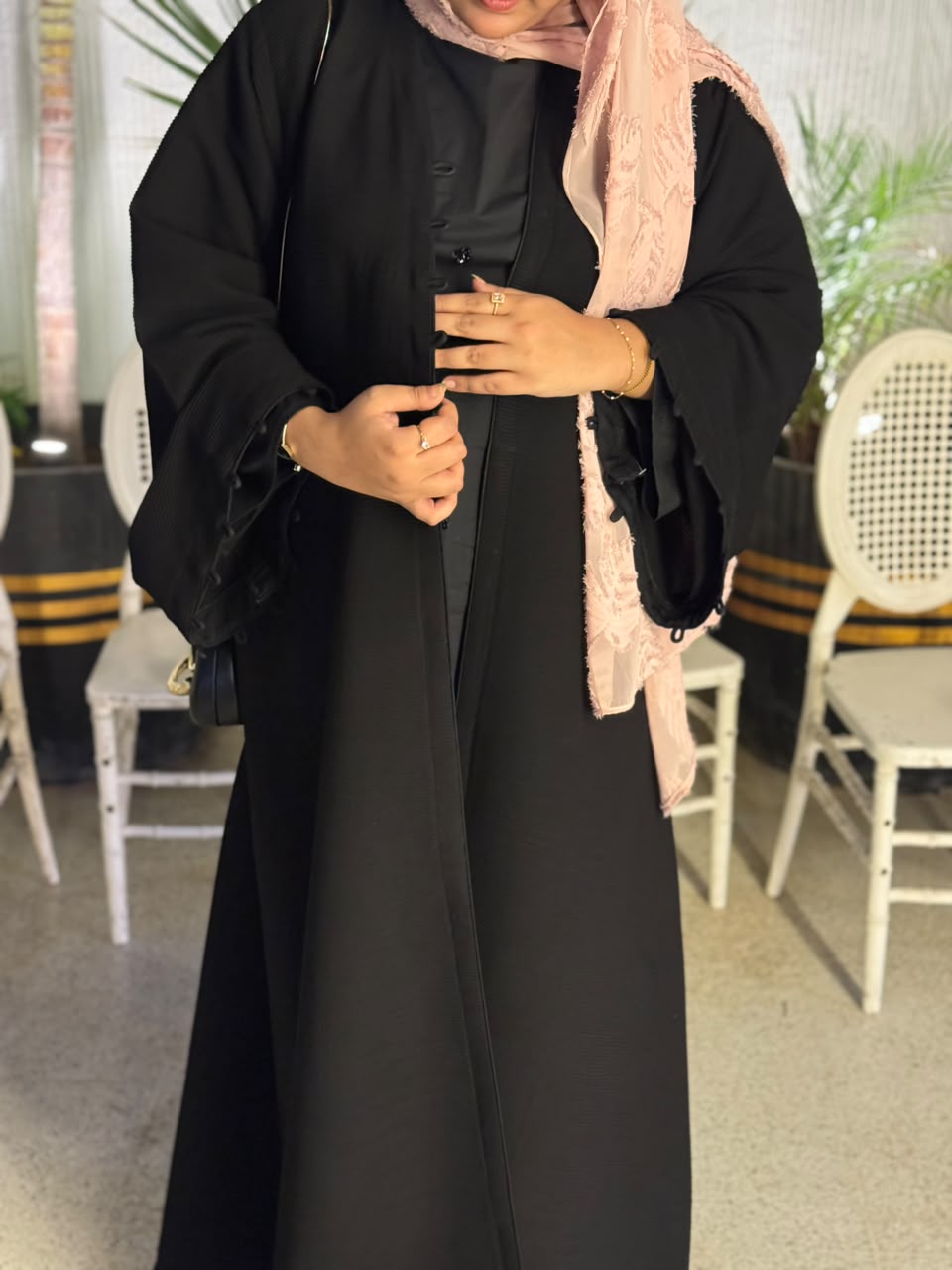 Black Self-Pleated Kimono Abaya in Premium Dubai Fabric with Elegant Loop Detailing