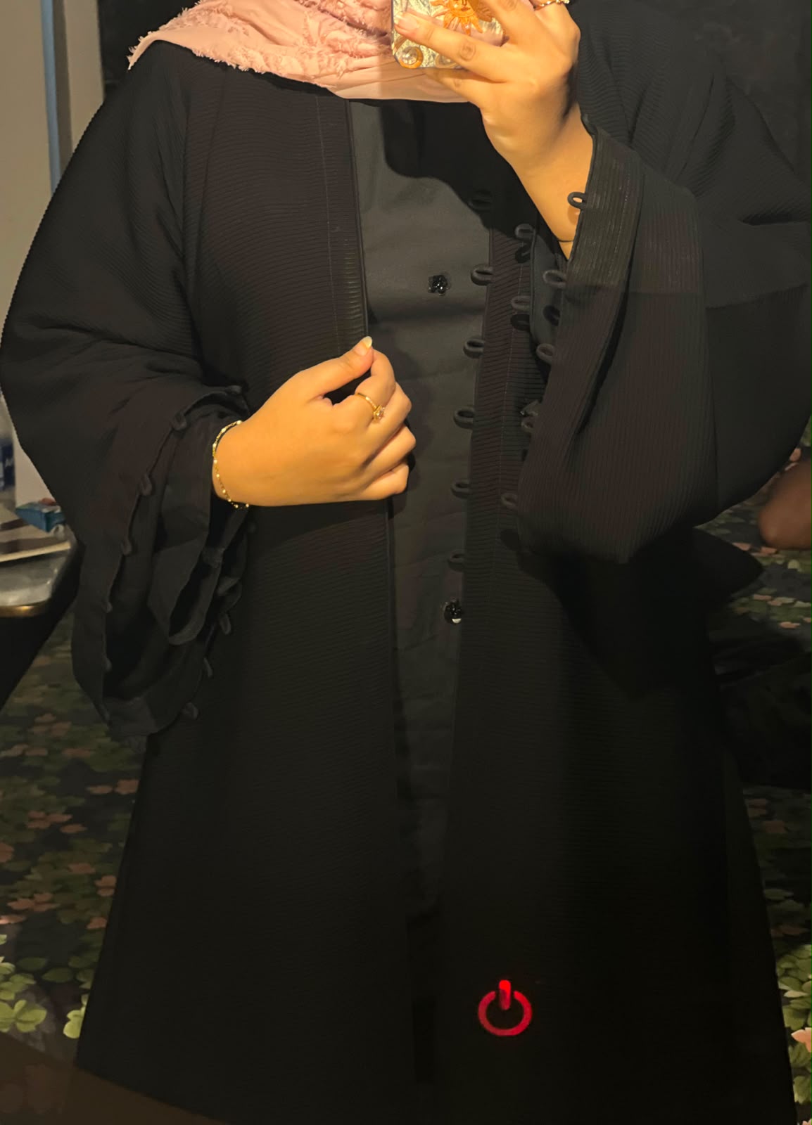 Black Self-Pleated Kimono Abaya in Premium Dubai Fabric with Elegant Loop Detailing