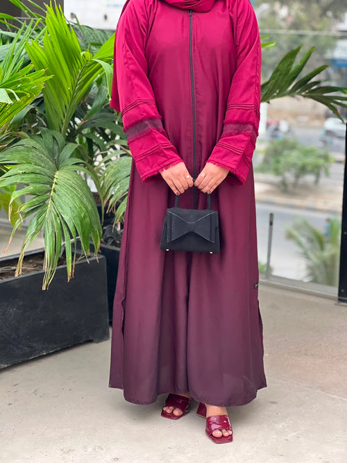 Maroon Double-Shaded Korean Nidha Abaya with Elegant Ombre Design and Stitch Detailing