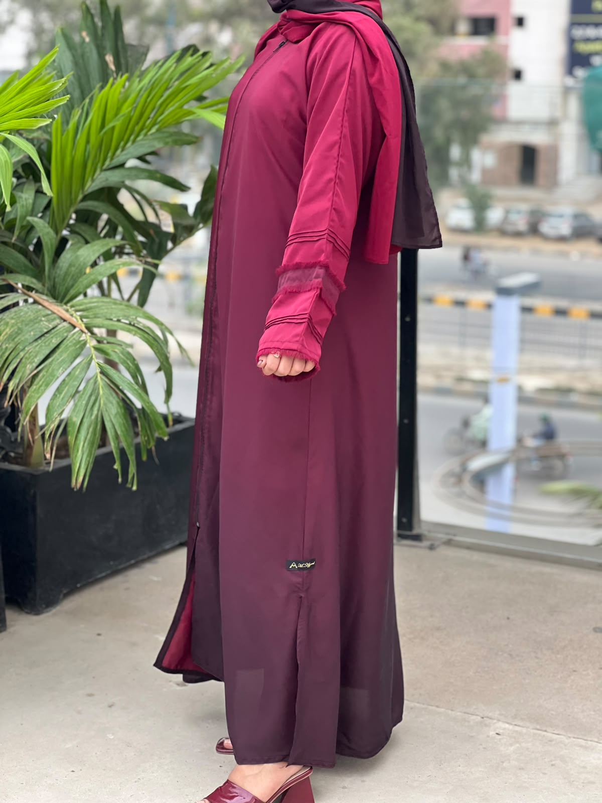 Maroon Double-Shaded Korean Nidha Abaya with Elegant Ombre Design and Stitch Detailing