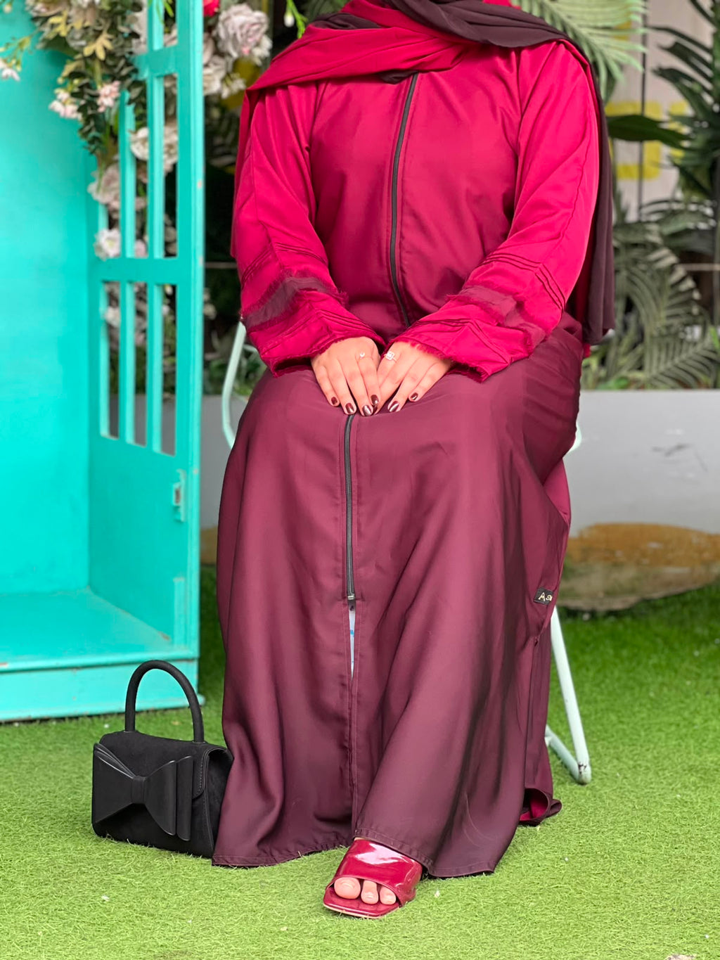 Maroon Double-Shaded Korean Nidha Abaya with Elegant Ombre Design and Stitch Detailing