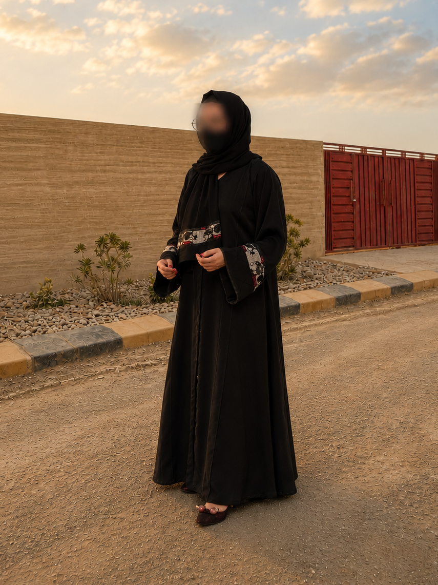 Black Korean Nidha Front Open Abaya with Handwork and Machine Embroidery on Sleeves