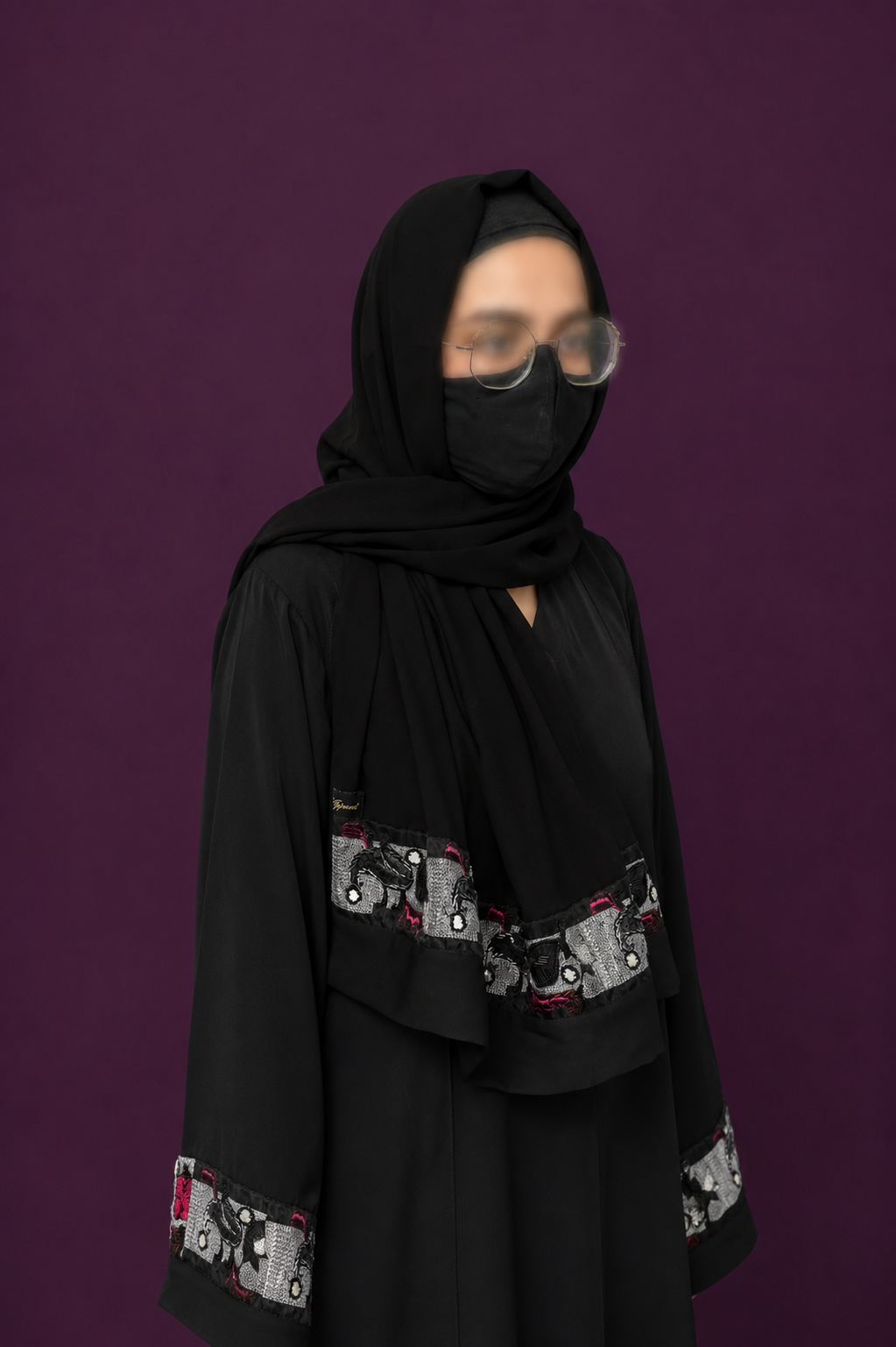 Black Korean Nidha Front Open Abaya with Handwork and Machine Embroidery on Sleeves