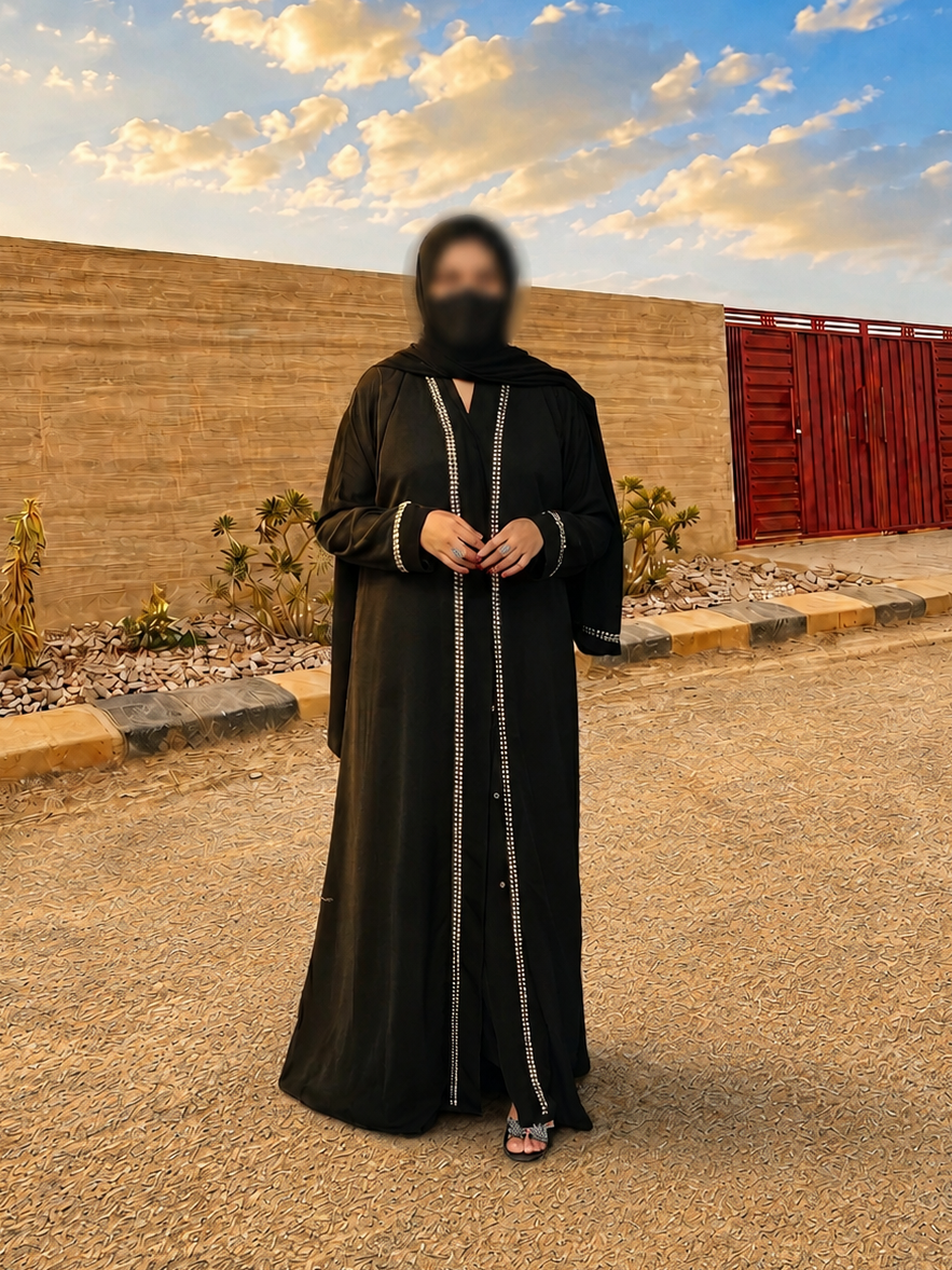 Black Korean Nidha Front Open Abaya with Silver Studded Front, Neckline, and Sleeves