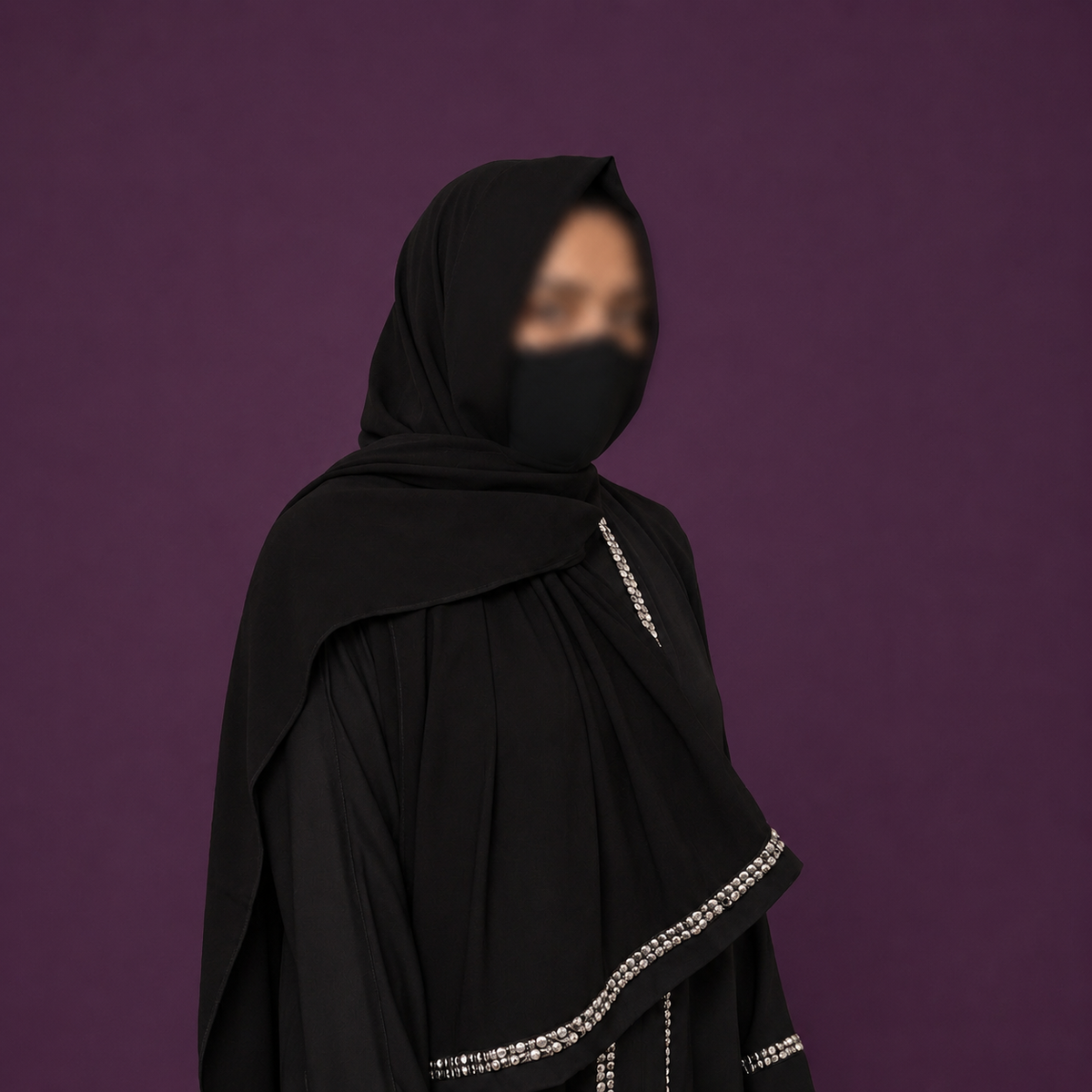 Black Korean Nidha Front Open Abaya with Silver Studded Front, Neckline, and Sleeves