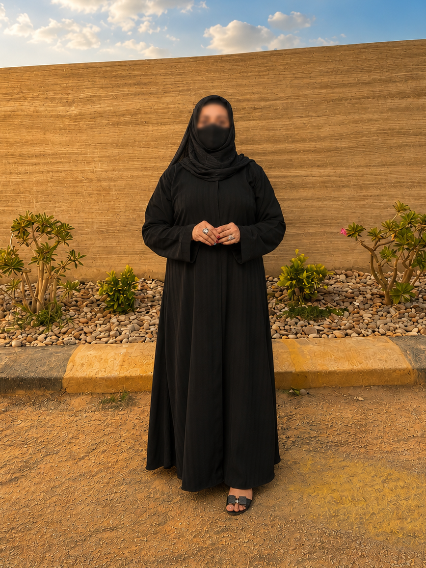 Black Textured Front Open Abaya in Premium Dubai Fabric with Clean Stitch Detailing