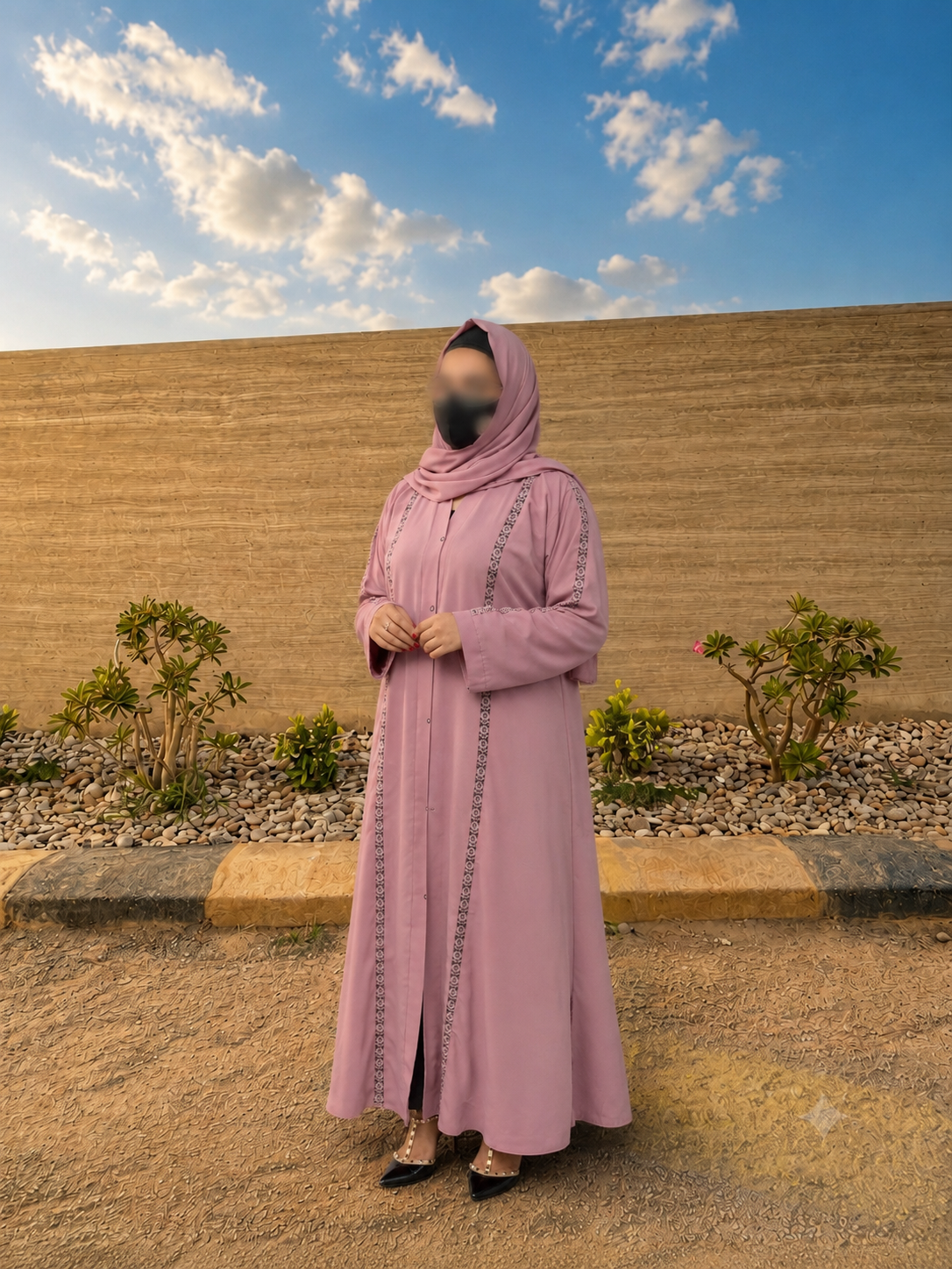 Peach Front Open Korean Nidha Abaya with Elegant Lace Detailing