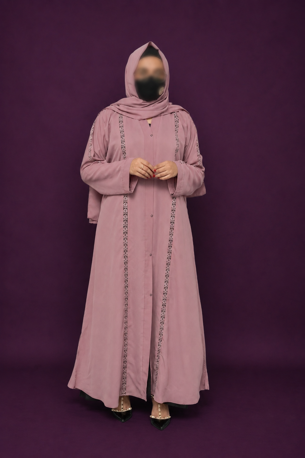 Peach Front Open Korean Nidha Abaya with Elegant Lace Detailing
