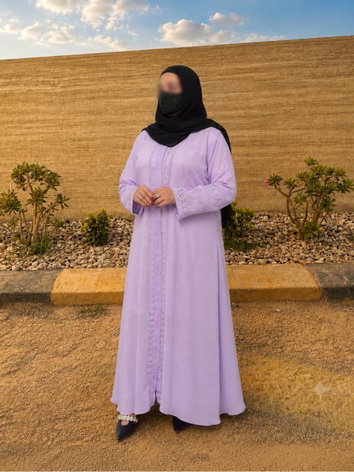 Lavender Front Open Korean Nidha Abaya with Elegant Lace Detailing