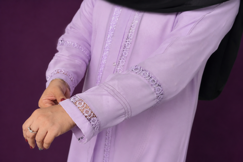 Lavender Front Open Korean Nidha Abaya with Elegant Lace Detailing